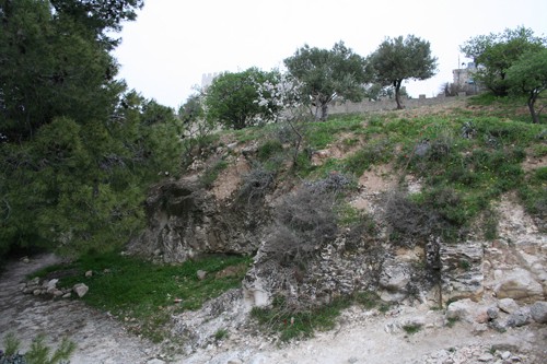 The bedrock outcropping at the Summit of the Mt of Olives where the Romans crucified their victims in "front of the city" facing the Temple Mount.